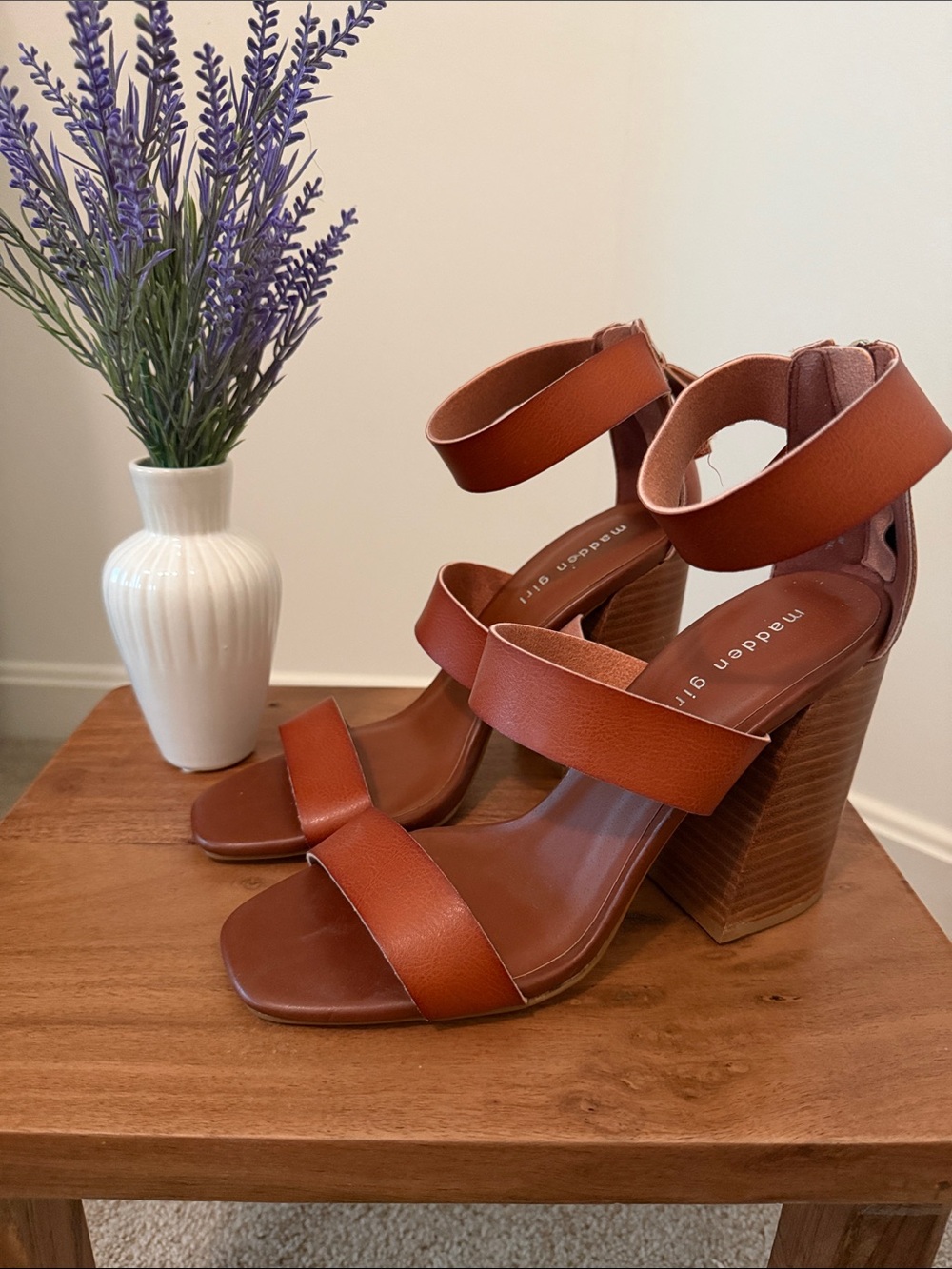 Madden Girl Tan Brown Block Heel Ankle-Strap Sandals - Picture 2 of 4